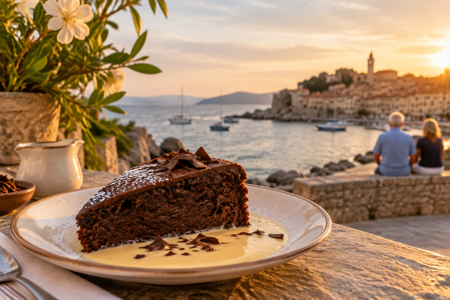 Illustration culinaire — gâteau au chocolat et crème anglaise